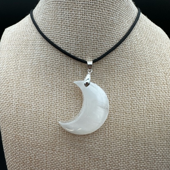 Selenite Crescent Moon Pendant on Black Satin Rope - Picture 3 of 8